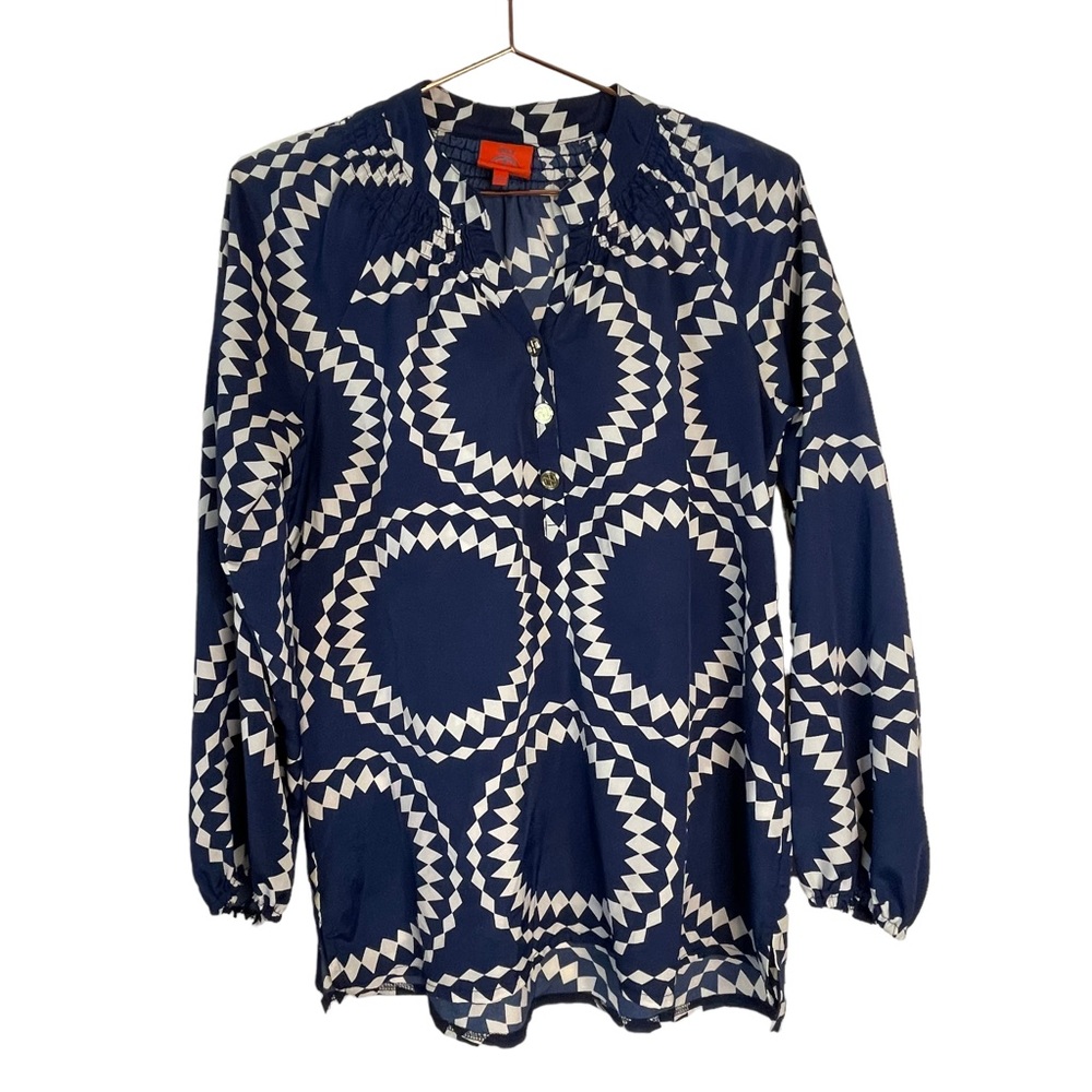 Tracy Negoshian Blue White Button Front Tunic Blouse